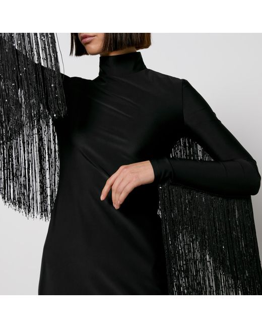 ROTATE BIRGER CHRISTENSEN Black Sequinned Fringed Stretch-Jersey Maxi Dress