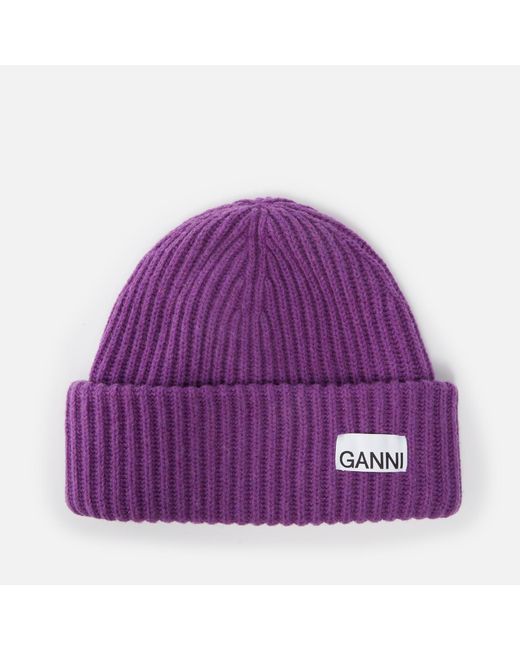 Ganni Purple Structured Rib-knit Beanie