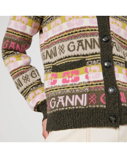 Ganni Brown Logo Wool Blend Cardigan