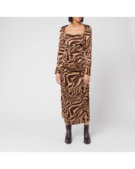 Ganni Brown Ruche Silk Zebra Print Dress