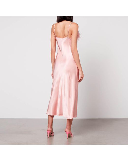 Sleeper Boheme Feather-trimmed Satin Midi Dress in Pink | Lyst