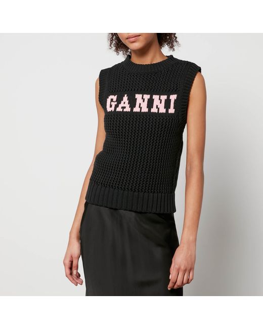 Ganni Black Logo Intarsia-knit Round-neck Top