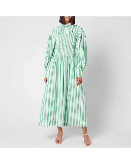 Ganni Green Smock Stripe Cotton Dress