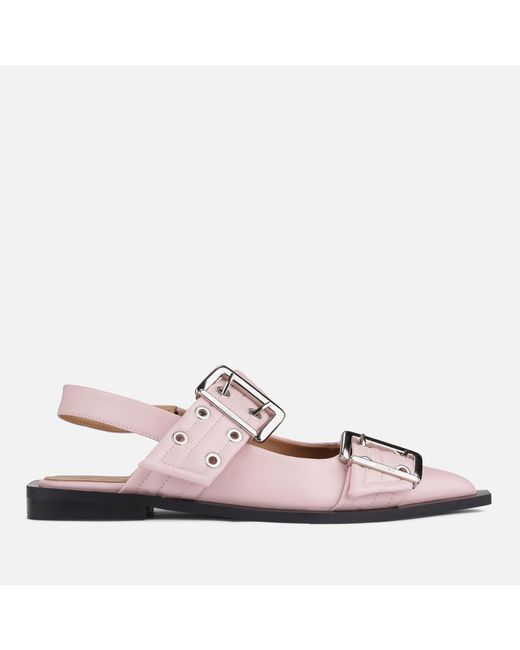 Ganni Pink Buckled Leather Flat Shoes