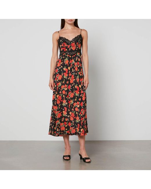 Rixo Red Amora Floral-Print Silk Midi Dress