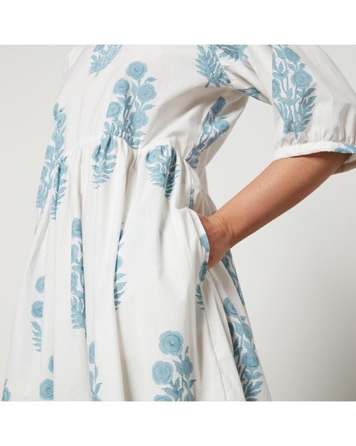 SZ Blockprints Blue Gaia Floral-print Cotton-poplin Dress