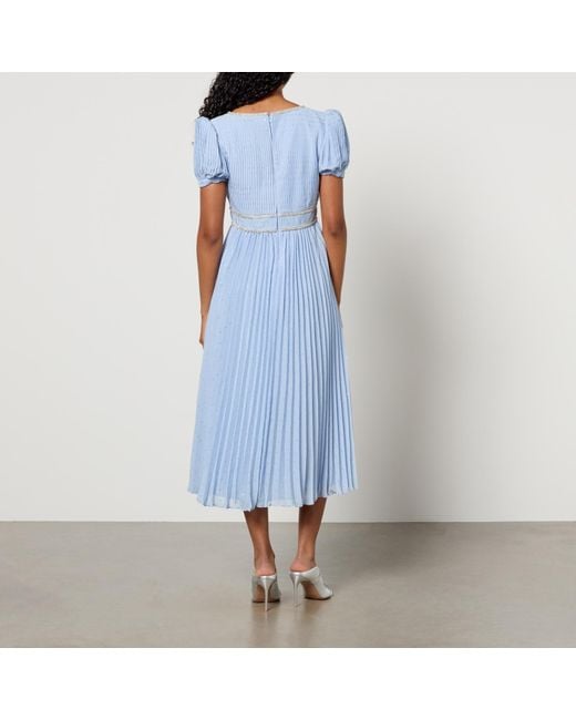 Self-Portrait Blue Fil-Coupe Pleated Chiffon Midi Dress