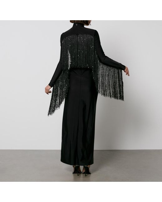 ROTATE BIRGER CHRISTENSEN Black Sequinned Fringed Stretch-Jersey Maxi Dress