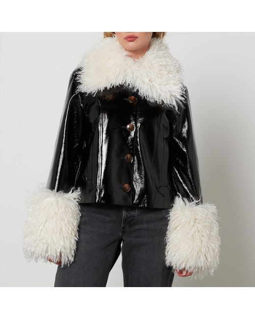 Kitri Black Bonnie Monogolian Fur-Trimmed Vinyl Jacket