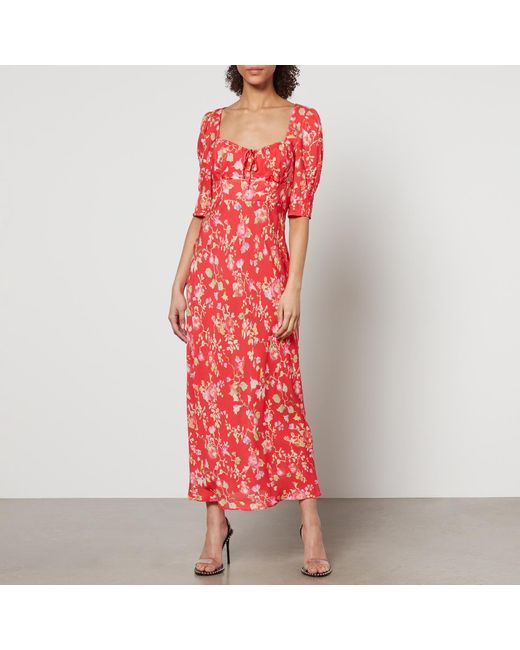 Rixo Red Alida Floral-Print Chiffon Midi Dress