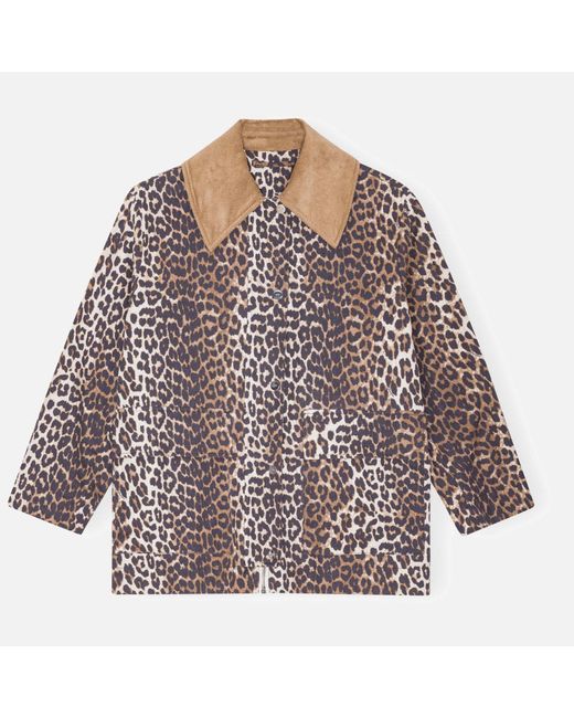 Ganni Brown Leopard-Print Canvas Midi Jacket