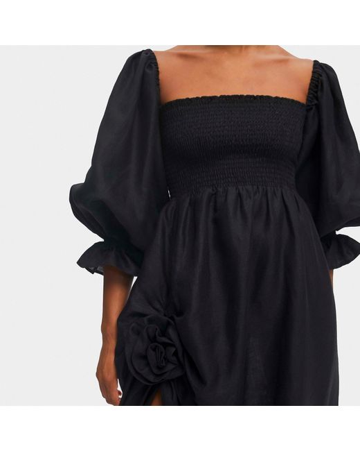Sleeper Black Atlanta Rosette Linen Dress