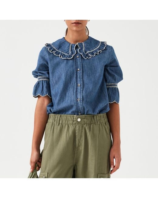 seventy + mochi Blue Daisy Cotton-Chambray Blouse