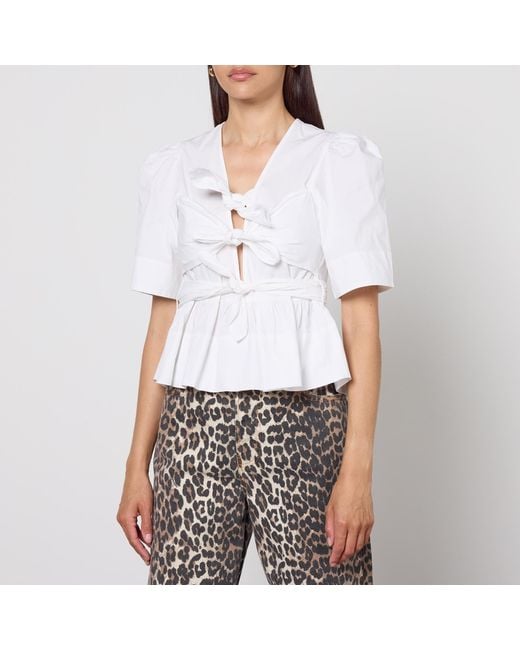 Ganni White Washed Cotton-Blend Poplin Tie Strap Blouse