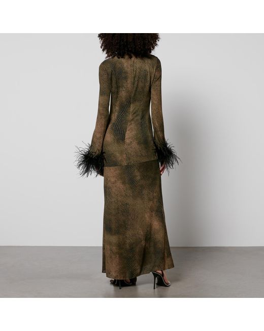De La Vali Green Printed Feather-Trimmed Satin Maxi Dress