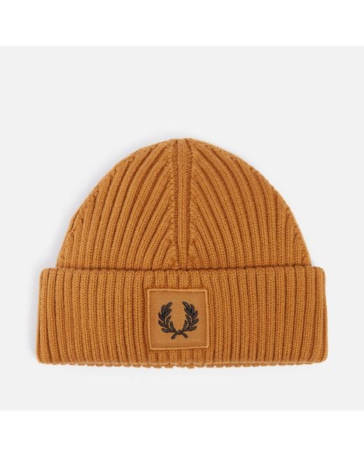 Fred Perry Brown Logo Ribbed Cotton Beanie for men