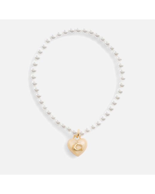COACH White Signature C Heart Faux Pearl Gold-tone Bracelet