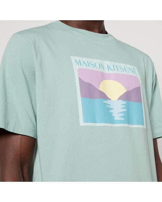 Maison Kitsuné Green Sunset Postcard Printed Cotton-Jersey T-Shirt for men