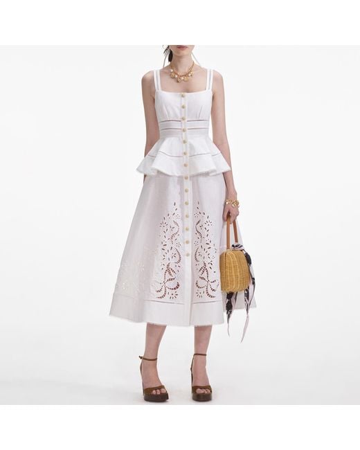 Self-Portrait White Broderie Tiered Poplin Midi Dress