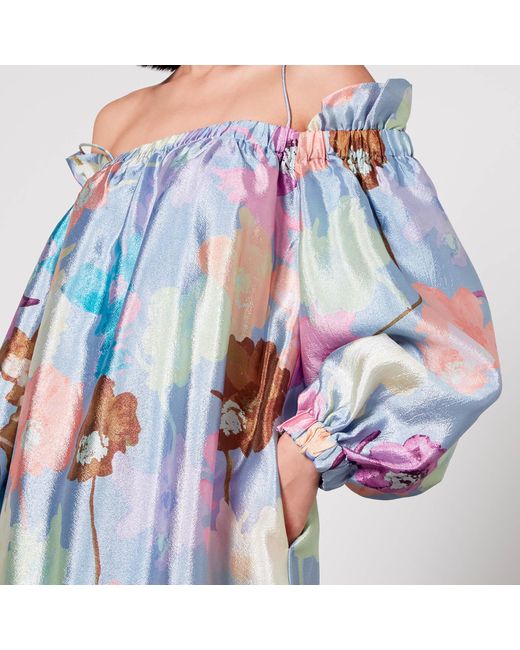Stine Goya Blue Floral-Print Satin Dress