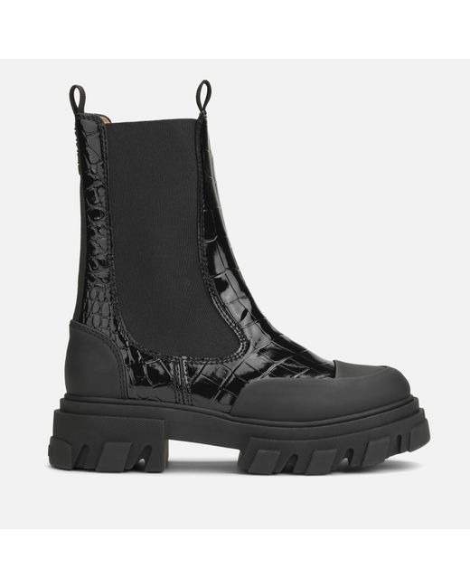 Ganni Black Cleated Croc-Effect Leather Chelsea Boots