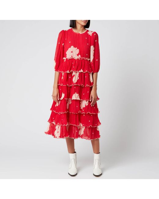 Ganni Red Floral Pleat Georgette Midi Dress