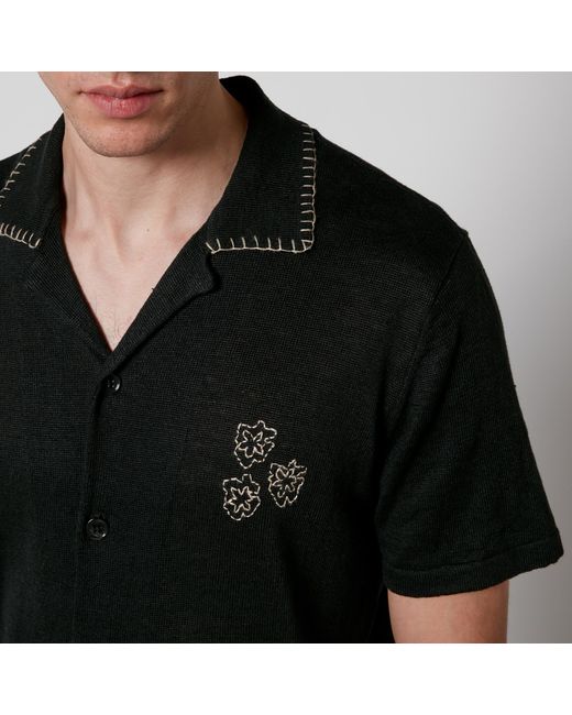 NN07 Black Henry Embroidered Linen Shirt for men