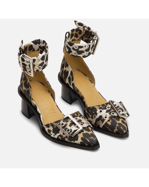 Ganni Black Feminine Buckle Block Satin Heels