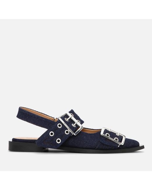 Ganni Blue Chunky Buckle Denim Ballerina Flats