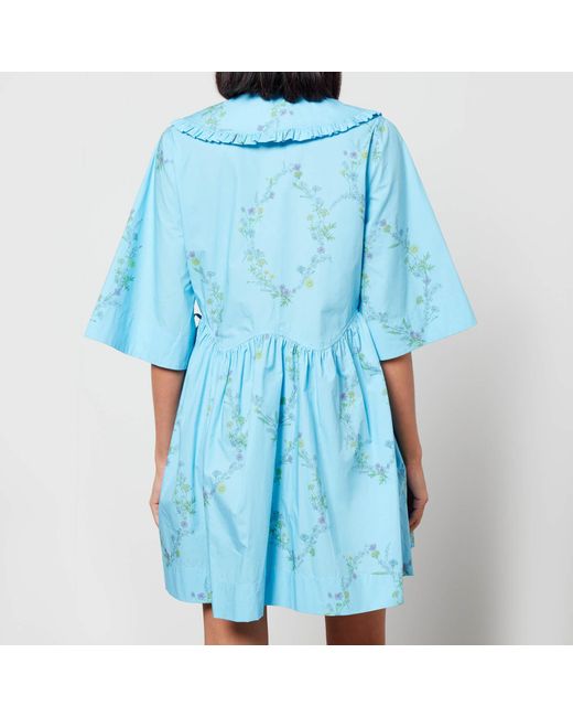 Ganni Blue X Coggles Floral-Print Organic Cotton Wrap Dress
