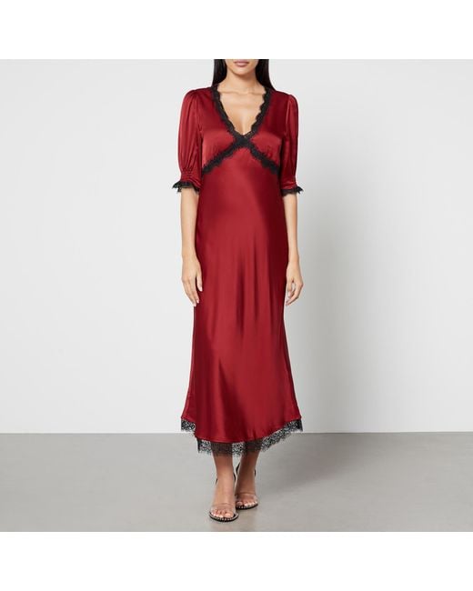 Rixo Red Gabrielle Open-back Lace-trimmed Satin Maxi Dress