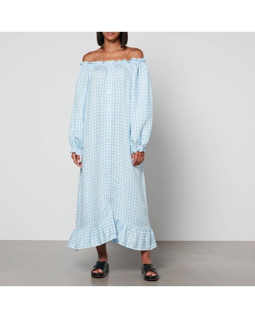 Sleeper Blue Loungewear Gingham Linen-blend Dress