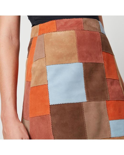 Rixo Brown Corfu Patchwork Suede Mini Skirt