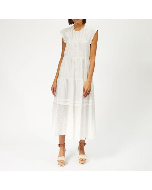 See By Chloé White Women's Cotton Voile Dots Midi Dress