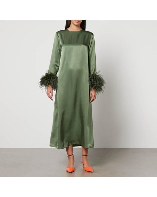 Sleeper Green Suzi Feather-Trimmed Satin Midi Dress
