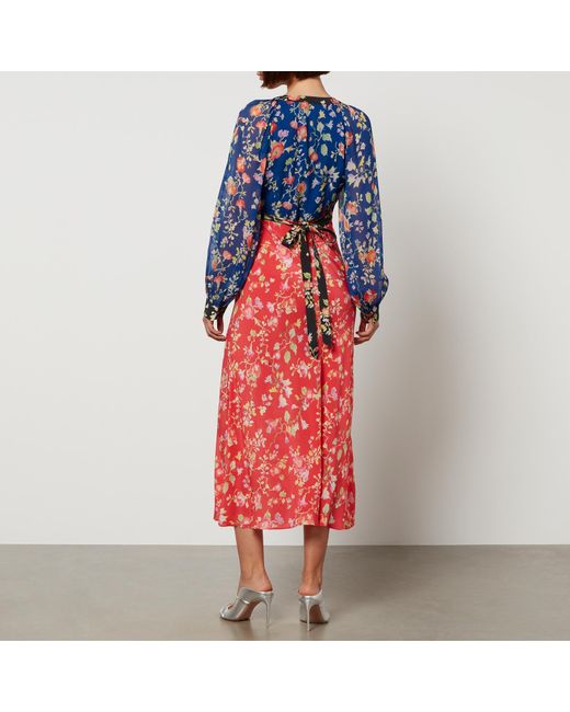 Rixo Red Ayla Floral-Print Chiffon Midi Dress