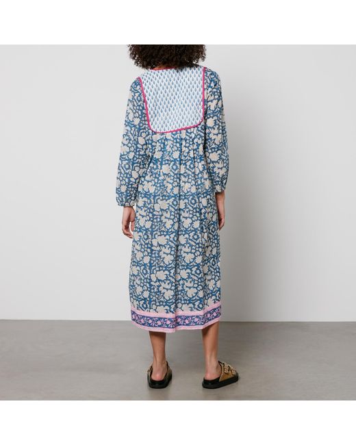 SZ Blockprints Blue Kitty Floral-print Cotton-poplin Dress