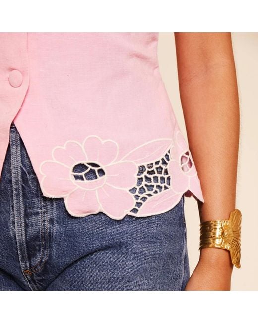 Rixo Pink Lucca Floral-Trimmed Linen-Blend Top