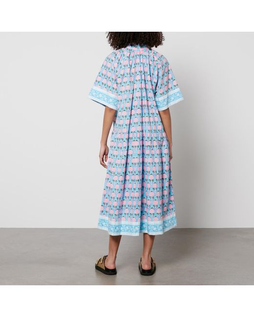 SZ Blockprints Blue Yuva Floral-print Cotton-poplin Dress
