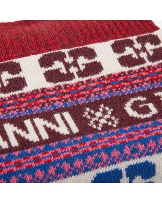 Ganni Red Graphic Logo-intarsia Wool-blend Scarf