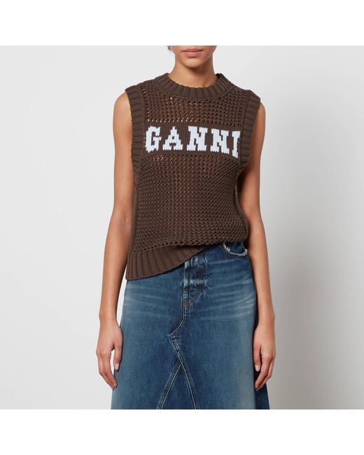 Ganni Brown Logo Open-Knit Cotton-Blend Vest