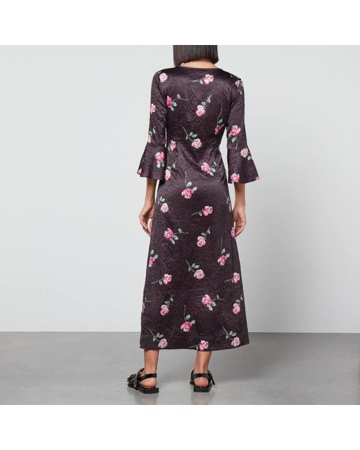 Ganni Black Floral-print Crinkled Midi Dress