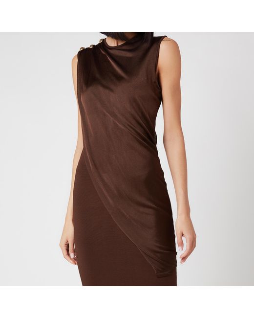 Balmain Long Sleeveless Asymmetric Draped Dress in Brown | Lyst