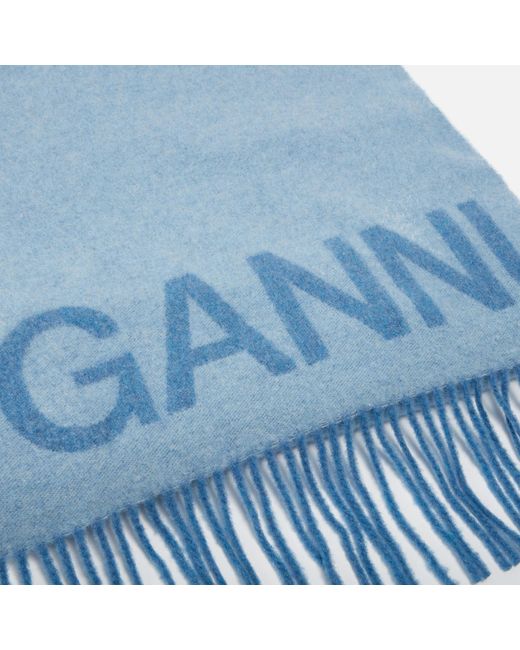 Ganni Blue Logo-intarsia Recycled Wool-blend Fringed Scarf