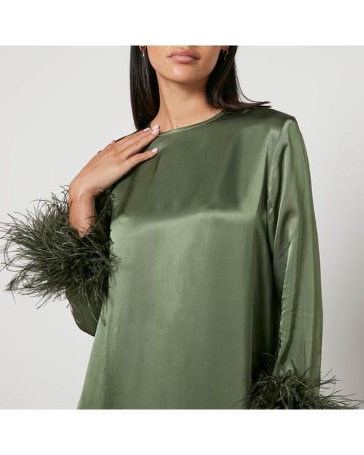 Sleeper Green Suzi Feather-Trimmed Satin Midi Dress