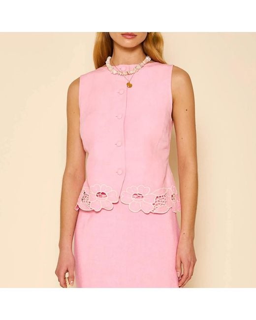 Rixo Pink Lucca Floral-Trimmed Linen-Blend Top