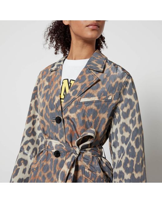 Ganni Brown Leopard-Printed Shell Belted Coat