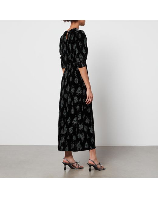 Rixo Black Lucile Glitter-Printed Silk-Velvet Midi Dress