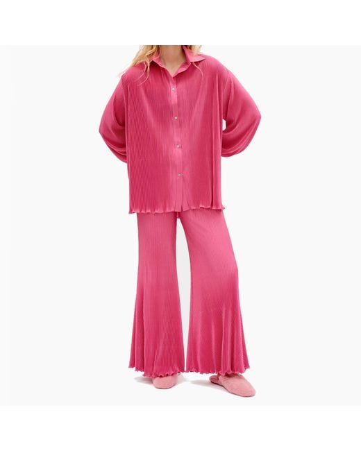 Sleeper Pink Origami Plisse Shirt And Trousers Pyjama Set