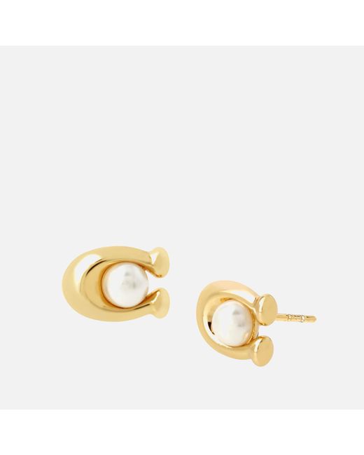 COACH Metallic Pearl Signature Gold-tone Stud Earrings